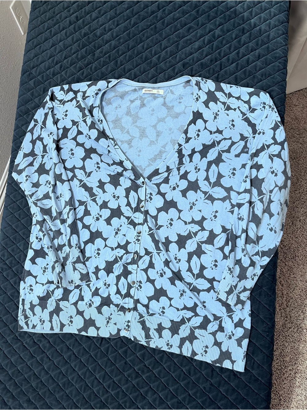 Old Navy Blue Floral V-Neck Button Cardigan - Cute Casual - Size XXL -